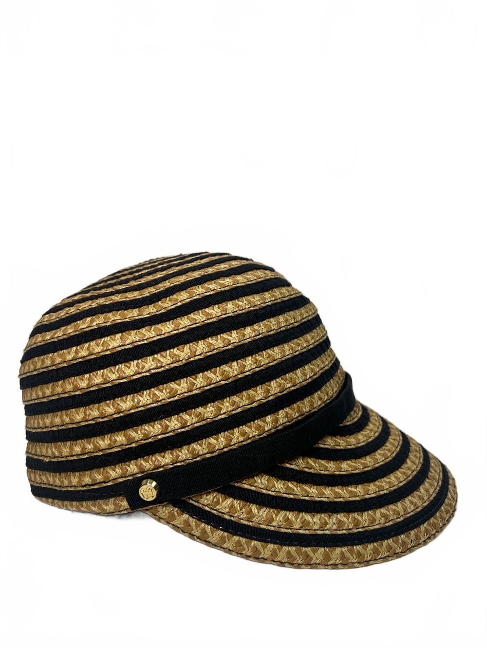 Eric Javits Striped Straw Cap Black Tan Woven Straw Baseball Cap